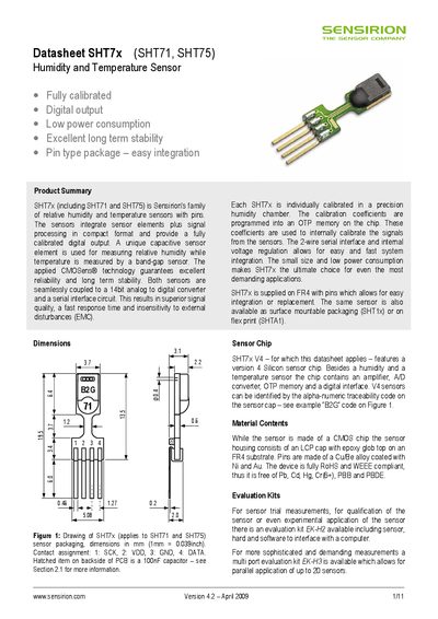 SENSIRION SHT7x (SHT71 SHT75) Humidity Temperature Sensor handbook - cover page