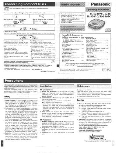 Panasonic SL-S360/SL-S365/SL-S361C/SL-S362C Portable CD Player Operating Instructions - cover page
