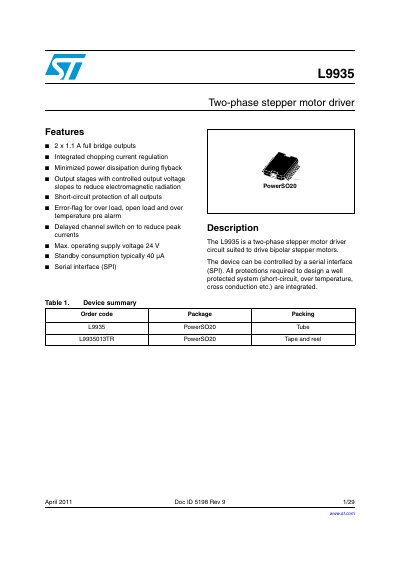 STMicroelectronics L9935 Two-Phase Stepper Motor Driver Datasheet