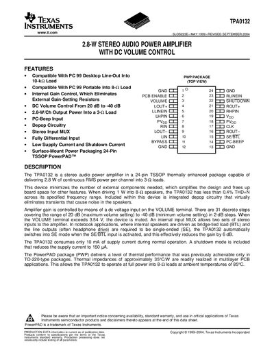 Texas Instruments TPA0132 Stereo Audio Power Amplifier Datasheet - cover page