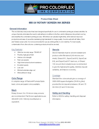 Procolorflex 650 UV Rotary Ink Series Product Data Sheet - cover page
