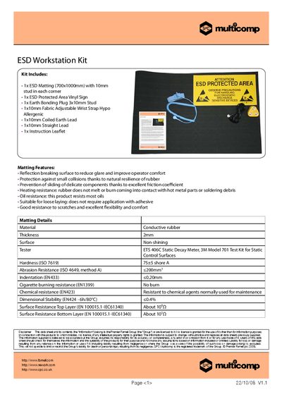 MULTICOMP ESD Workstation Kit Product Leaflet - cover page