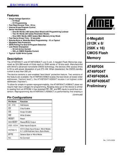 ATMEL AT49F004/AT49F004T/AT49F4096A/AT49F4096AT handbook - cover page