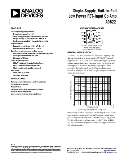 Analog Devices AD822 Dual-Channel Low-Power FET-Input Op Amp Datasheet - cover page