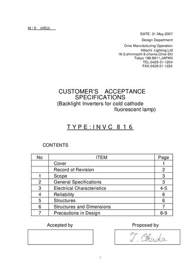 Hitachi INVC816 Backlight Inverter Acceptance Specifications - cover page