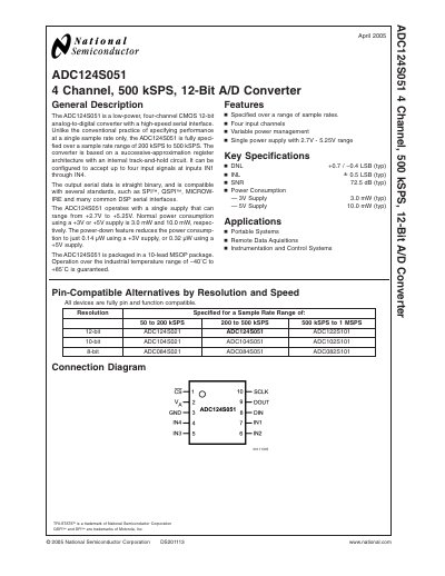 National Semiconductor ADC124S051 4‑Channel 12‑Bit A/D Converter Datasheet - cover page