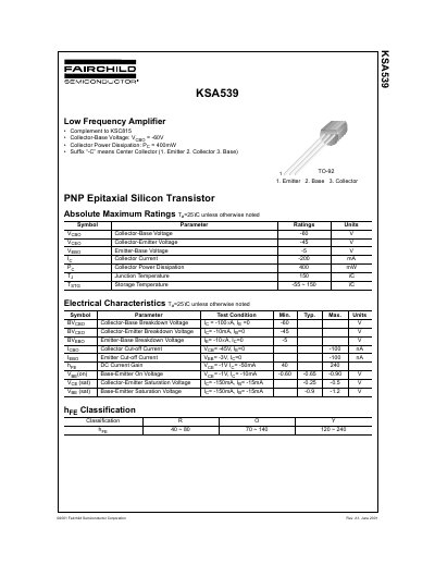 Fairchild Semiconductor KSA539 PNP Epitaxial Silicon Transistor Datasheet - cover page