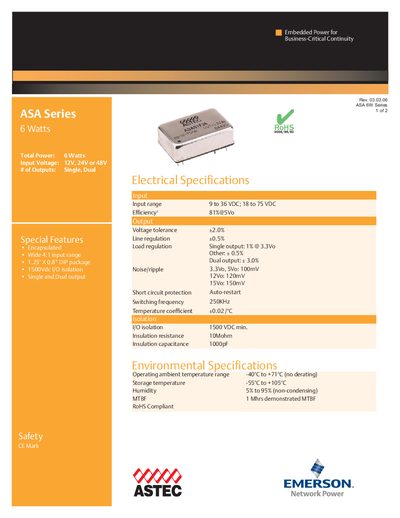 Astec ASA 6W Series Embedded Power Datasheet - cover page
