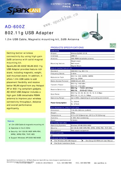 SparkLAN AD-600Z USB Adapter User Manual - cover page
