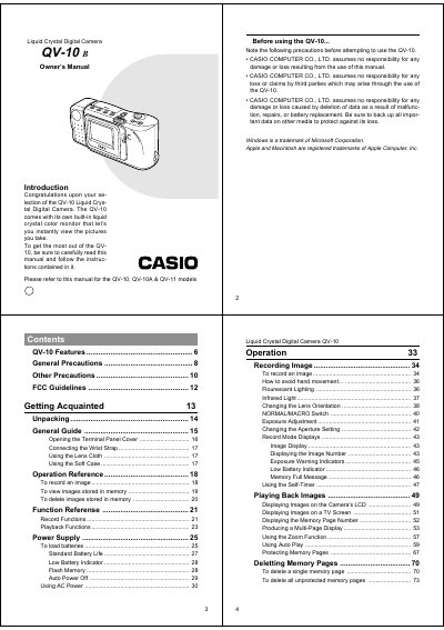Casio QV-10 Liquid Crystal Digital Camera Owner's Manual
