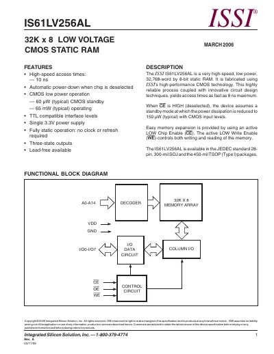 ISSI IS61LV256AL 32K×8 Static RAM Datasheet - cover page