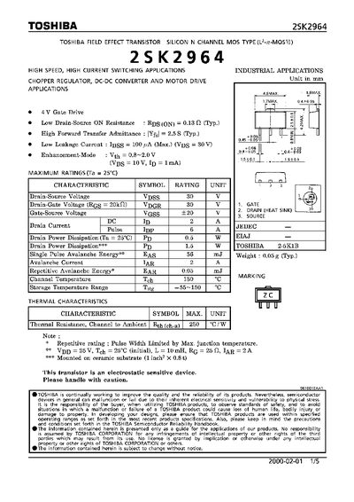 Toshiba 2SK2964 MOSFET Datasheet - cover page