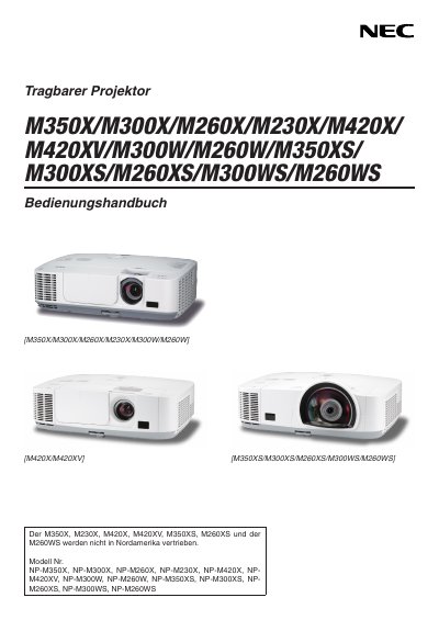 NEC M350X/M300X/M260X/M230X/M420X/M420XV/M300W/M260W/M350XS/M300XS/M260XS/M300WS/M260WS Projector User Manual - cover page