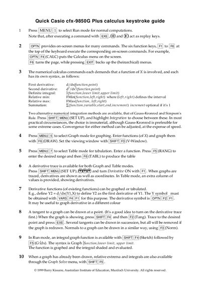 Casio cfx-9850G Plus Calculus Keystroke Guide - cover page