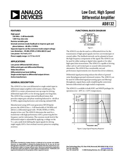 Analog Devices AD8132 Differential Amplifier Datasheet - cover page