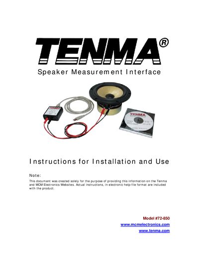 Tenma 72-850 Speaker Measurement Interface Installation and Use Manual - cover page