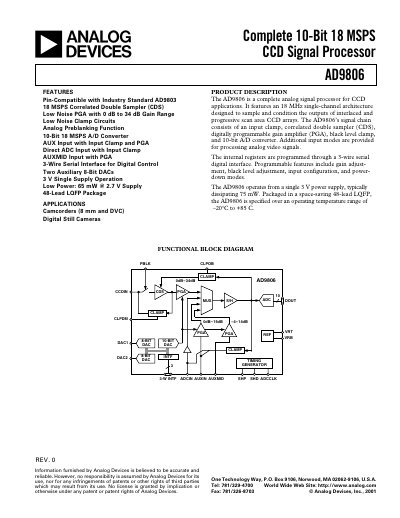 Analog Devices AD9806 CCD Signal Processor Datasheet - cover page