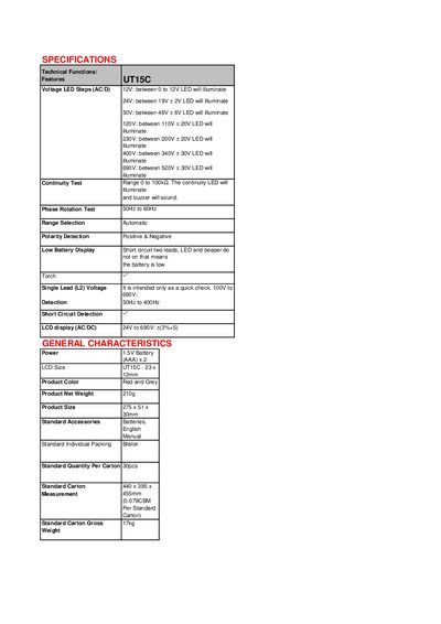 UNI‑T UT15C Product Data Sheet - cover page