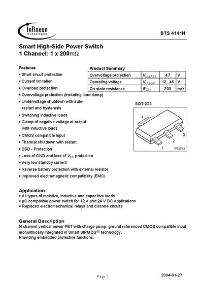 Infineon BTS 4141N Smart High-Side Power Switch Datasheet - cover page