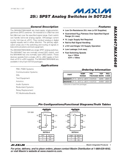 MAXIM MAX4647/MAX4648 25 SPST Analog Switches in SOT23-6 handbook - cover page