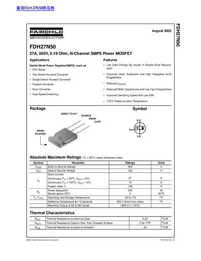 Fairchild Semiconductor FDH27N50 Power MOSFET Datasheet - cover page