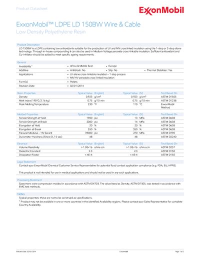ExxonMobil LD 150BW Low Density Polyethylene Resin Datasheet - cover page