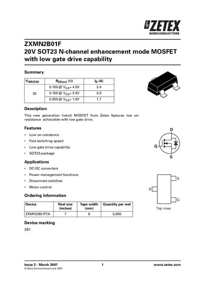 Zetex ZXMN2B01F Datasheet - cover page