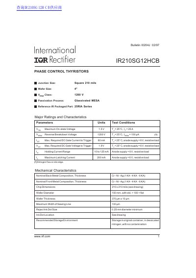 International Rectifier IR210SG12HCB Phase Control Thyristor Datasheet - cover page