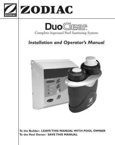 Zodiac DuoClear Complete Inground Pool Sanitizing System Installation and Operator's Manual - cover page