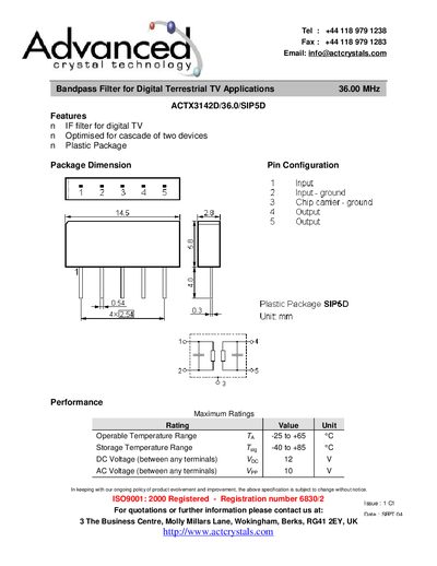 Advanced crystal technology ACTX3142D/36.0/SIP5D handbook - cover page
