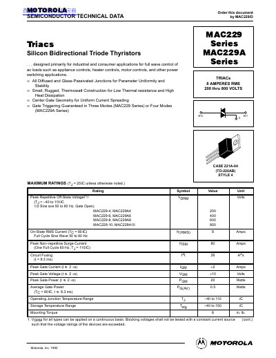 Motorola MAC229 Series/MAC229A Series Triac Datasheet - cover page
