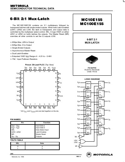 Motorola MC10E155/MC100E155 6-Bit 2:1 Mux-Latch Datasheet