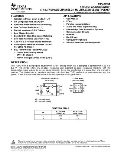 TEXAS INSTRUMENTS TS5A3159A 1- SPDT ANALOG SWITCH 5-V/3.3-V SINGLE-CHANNEL 2:1 MULTIPLEXER/DEMULTIPLEXER Manual - cover page