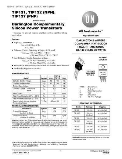 ON Semiconductor TIP131/TIP132/TIP137 Datasheet - cover page