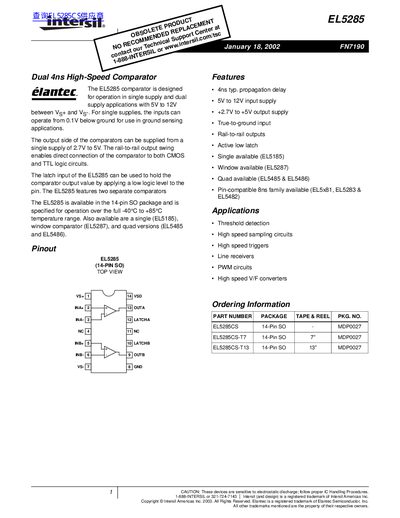 Intersil EL5285 Comparator Datasheet - cover page