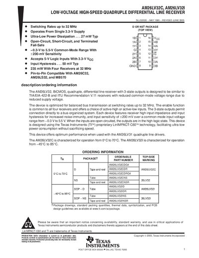 Texas Instruments AM26LV32C/AM26LV32I Low-Voltage High-Speed Quadruple Differential Line Receiver Datasheet