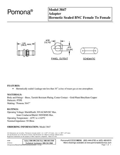 Pomona Model 3847 Hermetic Sealed BNC Adapter Datasheet - cover page
