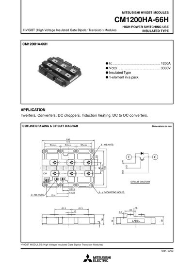 Mitsubishi Electric CM1200HA-66H HVIGBT Module Datasheet - cover page