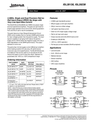 Intersil ISL28138 & ISL28238 Datasheet - cover page