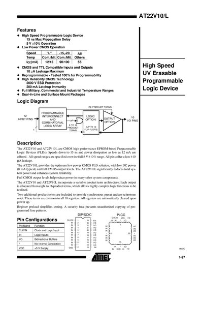Atmel AT22V10/L Datasheet - cover page