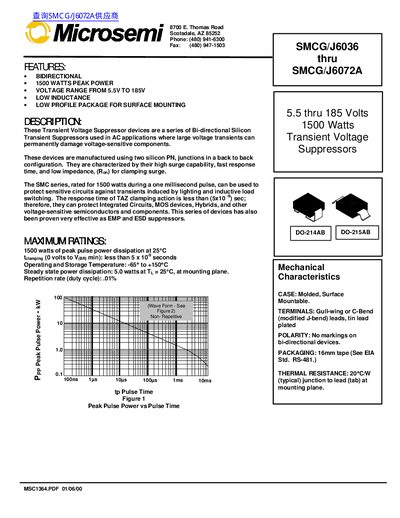 Microsemi SMCG/J6036–SMCG/J6072A Transient Voltage Suppressor Datasheet - cover page