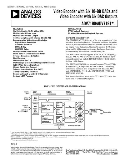 Analog Devices ADV7190/ADV7191 Video Encoder Datasheet - cover page