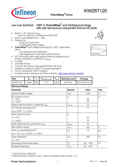 Infineon IKW25T120 IGBT Datasheet - cover page