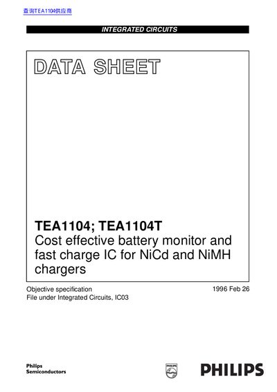 Philips TEA1104/TEA1104T Battery Monitor IC Datasheet - cover page