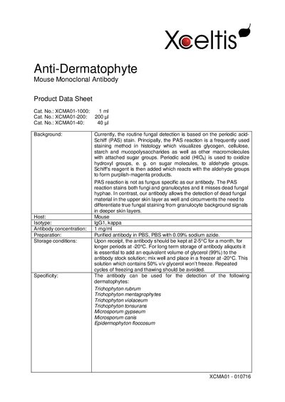Xceltis XCMA01-010716 Anti-Dermatophyte Mouse Monoclonal Antibody Datasheet - cover page