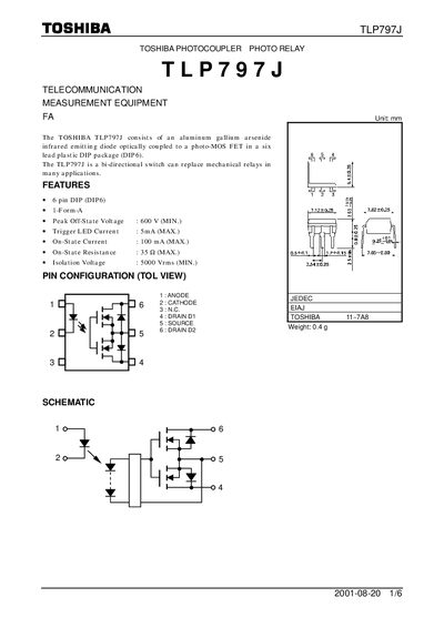 Toshiba TLP797J Photocoupler Datasheet - cover page