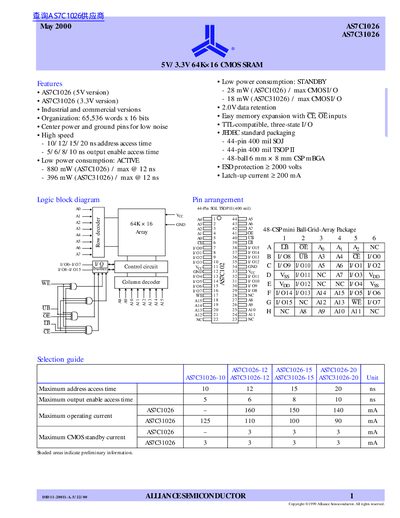 Alliance Semiconductor AS7C1026/AS7C31026 64Kx16 SRAM Datasheet - cover page