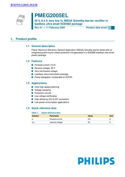 PHILIPS PMEG2005EL 20 V 0.5 A very low VF MEGA Schottky barrier recti er in leadless ultra small SOD882 package handbook - cover page