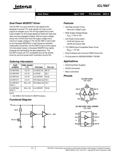 Intersil ICL7667 Dual Power MOSFET Driver Datasheet - cover page