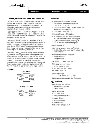 Intersil X5083 CPU Supervisor with EEPROM Datasheet - cover page